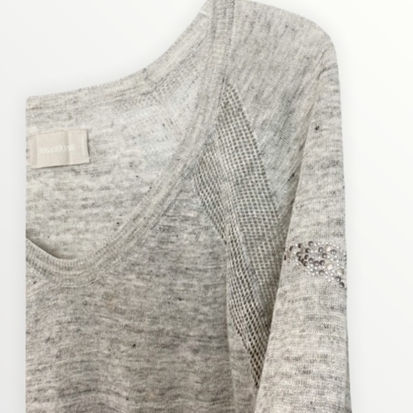 NEW ZADIG & VOLTAIRE Gray 100% Linen Short Sleeve Embellished Sweater, Size M - Picture 4 of 7
